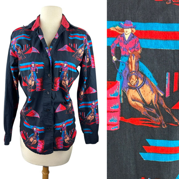 Adobe Rose Tops - Vintage 1992 Adobe Rose Western Button Up Shirt Rodeo Cowgirl Horse Retro Small